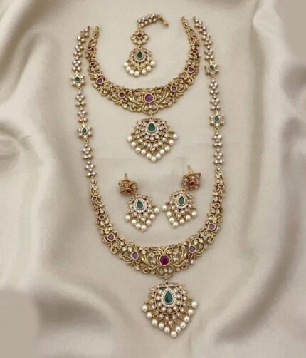 Royal Kundan Pearl Bridal Jewelry Set – Green & Ruby Stone Design