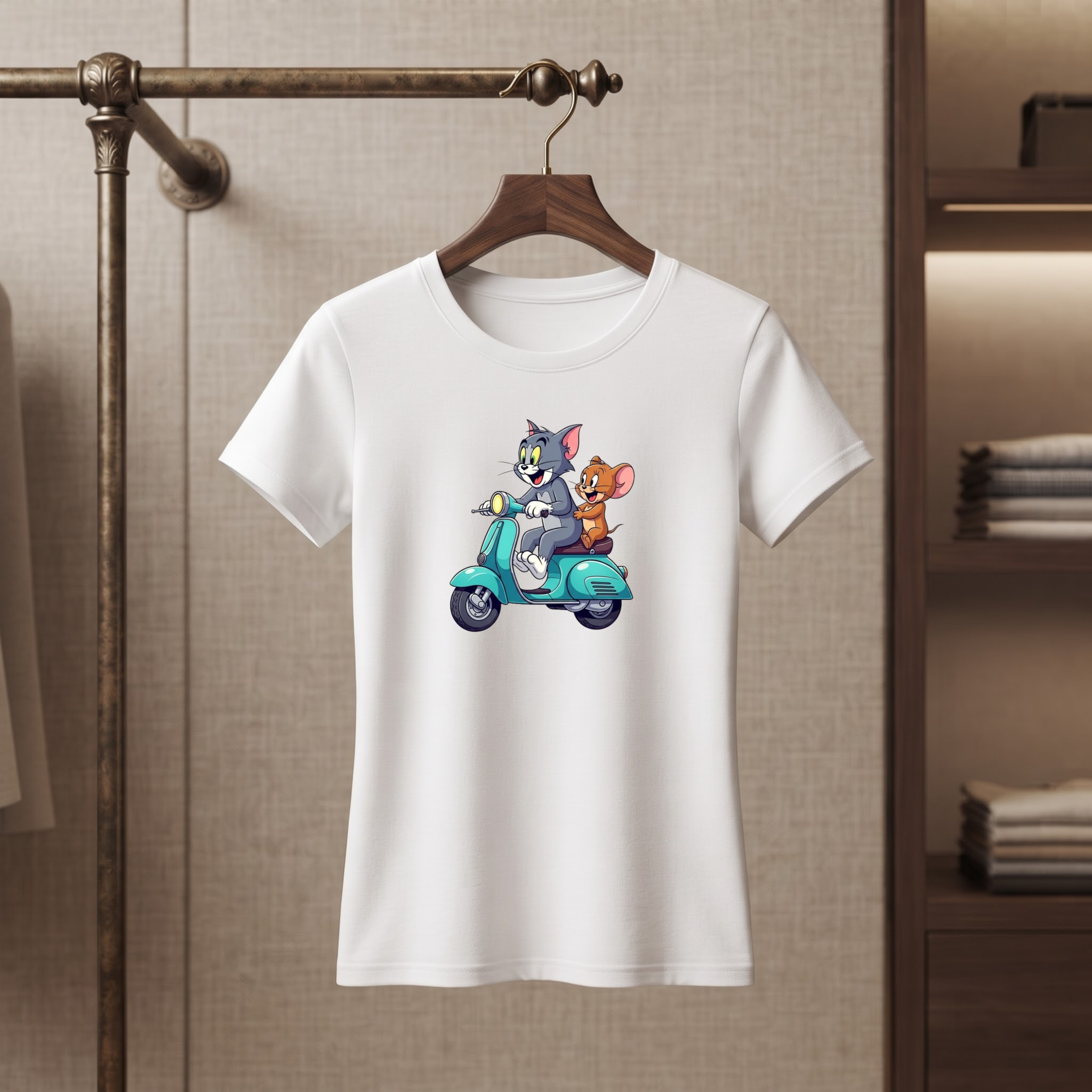 Women’s Tom & Jerry Scooter Riding Printed Round Neck Half Sleeve T-Shirt - Image 1