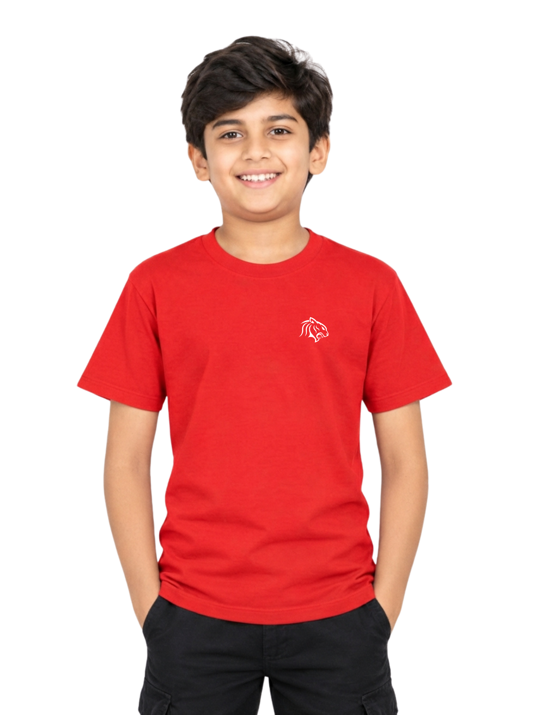 Kids Unisex Regular Fit Wild Cat Chest Logo Printed Red Colour T-shirt - Image 1