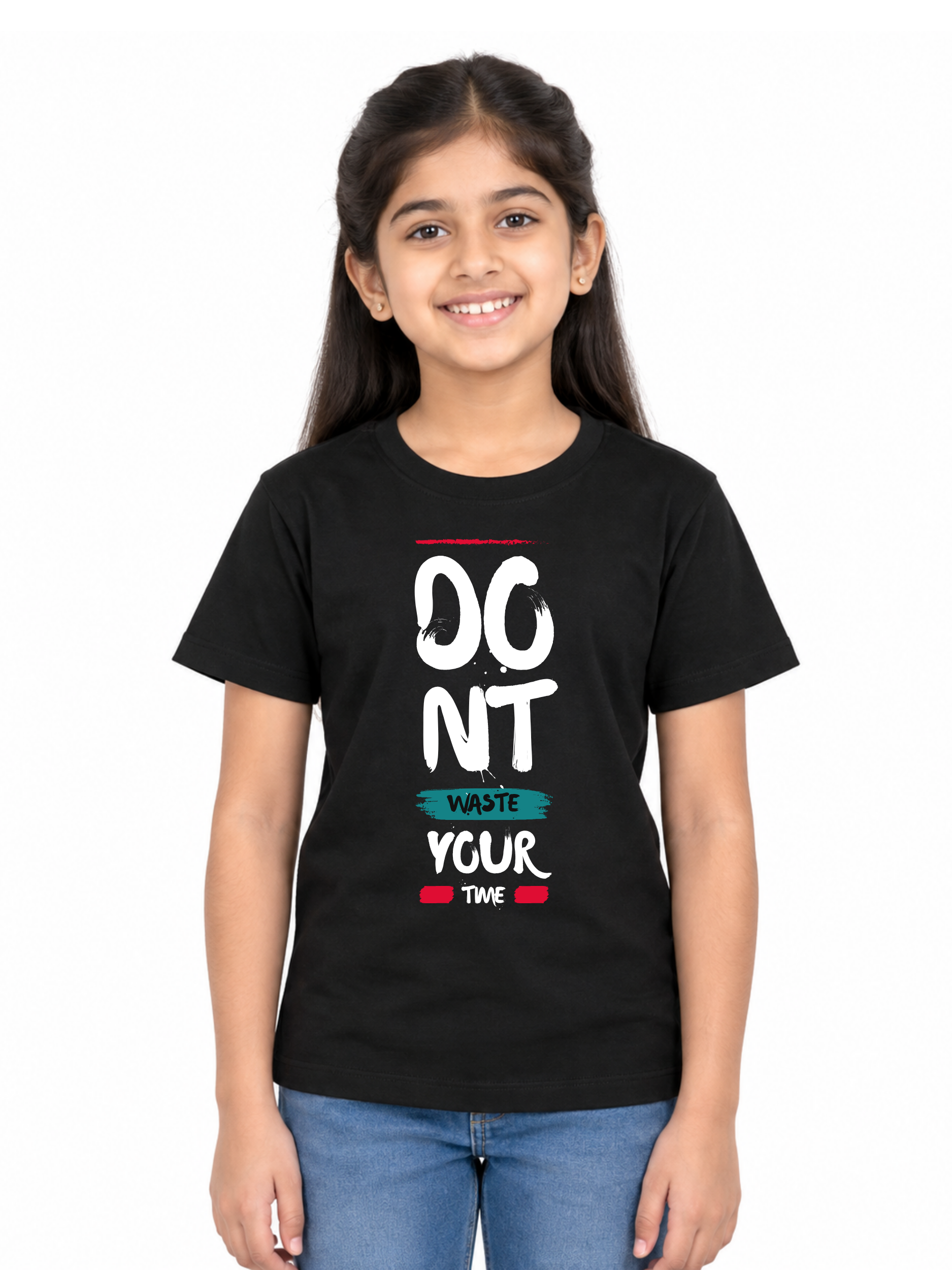 Unisex Kids Don’t Waste Your Time Graphic Front Printed 180 gsm R/F T-shirt - Image 1
