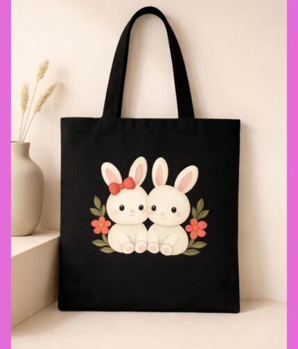 Cute Bunny Printed Canvas Tote Bag for Women & Girls | Stylish Rabbit Shoulder Bag | Reusable Shopping, College, Office & Daily Use Handbag 01